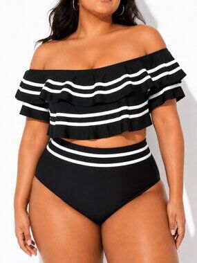 Unbranded Coquette Off Shoulder Ruffle Bikini Set High Waist Black White Trim XL